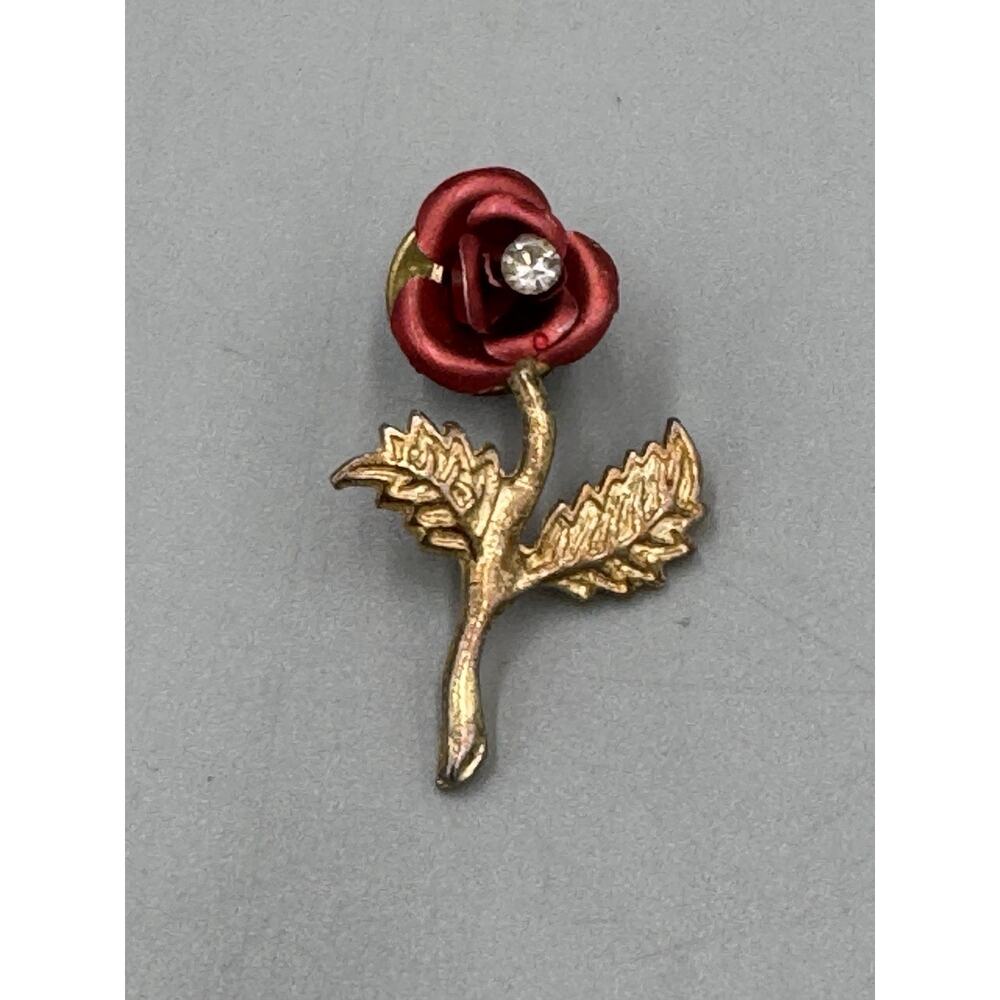 Vintage Red Rose Gold Colored Stem with Rhinestone Lapel Pin